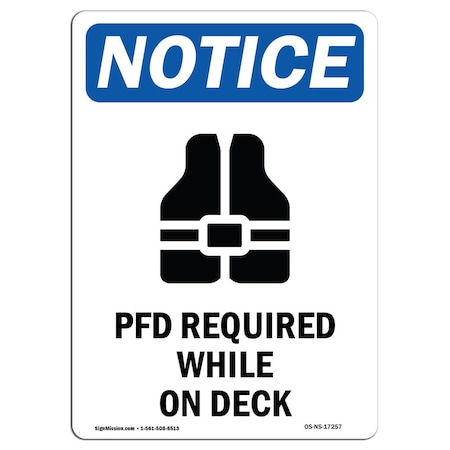 OSHA Notice Sign, PFD Required While On Deck With Symbol, 5in X 3.5in Decal, 10PK